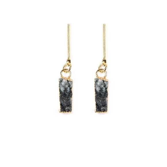 Gold With Black Druzy Stone Dangle Earrings - Picture 3 of 7